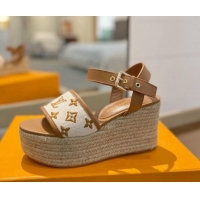 Top Grade Louis Vuitton Starboard Wedge Sandals 10cm in Monogram-embroidered Cotton Brown 0320099