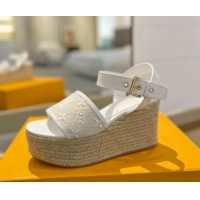 Good Looking Louis Vuitton Starboard Wedge Sandals 10cm in Monogram-embroidered Cotton White 0320100