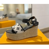 Popular Style Louis Vuitton Starboard Wedge Sandals 10cm in Monogram-embroidered Cotton Black 0320101