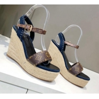 Top Design Louis Vuitton Starboard Wedge Sandals 12cm in Canvas and Leather with Studs Blue 320102