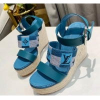 Good Quality Louis Vuitton Starboard Wedge Sandals 10cm in Jacquard and Leather Blue 0320108