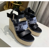 Shop Duplicate Louis Vuitton Starboard Wedge Sandals 10cm in Jacquard and Leather Black 0320110