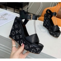 Best Grade Louis Vuitton Starboard Wedge Sandals 10cm in Monogram Denim and Leather Black 0320112