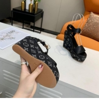 Best Grade Louis Vuitton Starboard Wedge Sandals 10cm in Monogram Denim and Leather Black 0320112