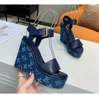 Luxury Louis Vuitton Starboard Wedge Sandals 10cm in Monogram Denim and Leather Blue 0320113