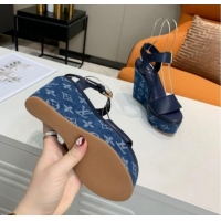 Luxury Louis Vuitton Starboard Wedge Sandals 10cm in Monogram Denim and Leather Blue 0320113