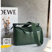 Buy Discount Loewe Small Puzzle bag in Satin Calfskin with Wide Leather Strap L2073 Bottle Green 2024