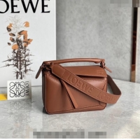 Most Popular Loewe Mini Puzzle bag in Satin Calfskin with Wide Leather Strap L2074 Caramel Brown 2024