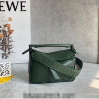 Top Grade Loewe Mini Puzzle bag in Satin Calfskin with Wide Leather Strap L2074 Bottle Green 2024