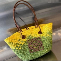 Buy Inexpensive Loewe Raffia Straw and Leather Small Anagram Basket Bag 0305 Green/Yellow 2024