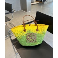 Buy Inexpensive Loewe Raffia Straw and Leather Small Anagram Basket Bag 0305 Green/Yellow 2024