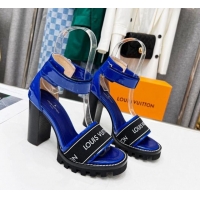 Top Grade Louis Vuitton Patent Leather Heel Sandals 9cm with Logo Strap Blue 321027