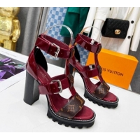 Low Cost Louis Vuitton Patent Leather and Canvas Heel Sandals 9cm with Buckle Strap Red 321029