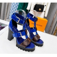 Pretty Style Louis Vuitton Patent Leather and Canvas Heel Sandals 9cm with Buckle Strap Blue 321030