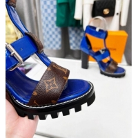 Pretty Style Louis Vuitton Patent Leather and Canvas Heel Sandals 9cm with Buckle Strap Blue 321030