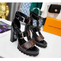 Unique Style Louis Vuitton Patent Leather and Canvas Heel Sandals 9cm with Buckle Strap Black 321031