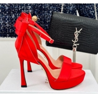 Good Quality Dior Mlle Dior Heeled Platform Sandals 12cm in Satin with Bow Red 226079