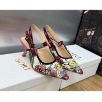 Stylish Dior J'Adior Slingback Pumps 6.5cm in White and Pink Florilegio Embroidery 325141