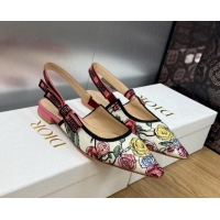 Low Cost Dior J'Adior Slingback Ballet Flat in White and Pink Florilegio Embroidery 325142