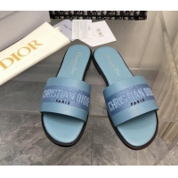 Unique Style Dior Dway Flat Slide Sandals in Calfskin and Embroidered Cotton Blue 326003