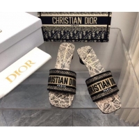 Top Design Dior Dway Heel Slide Sandals 3.5cm in Beige and Black Cotton Embroidered with Plan de Paris Motif 326011