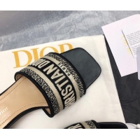 Good Product Dior Dway Heel Slide Sandals 3.5cm in Classic Black Embroidered Cotton 326017