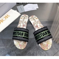 Charming Dior Dway Flat Slide Sandals in Green Embroidered Cotton with Toile de Jouy Mexico Motif 326027