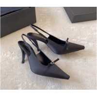 Shop Duplicate Saint Laurent Sadie Slingback Pumps 9.5cm in Black Satin with Bow 328052