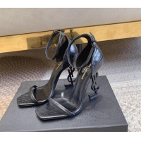 Discount Saint Laurent Opyum Embossed Calfskin Sandals 10.5cm with YSL Heel All Black 328034