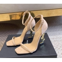 Top Design Saint Laurent Opyum Suede Sandals 10.5cm with YSL Heel Beige 328037