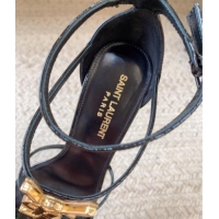 Purchase Saint Laurent Cassandra Calfskin Sandals 10cm in Patent Calfskin Black/Gold 328041