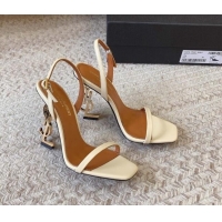 Stylish Saint Laurent Opyum Calfskin Leather Sandals 10.5cm with YSL Heel White/Gold 328048