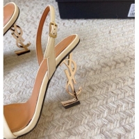 Stylish Saint Laurent Opyum Calfskin Leather Sandals 10.5cm with YSL Heel White/Gold 328048