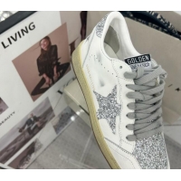 Best Product Golden Goose GGDB Ball Star Sneakers in White Calfskin and Silver-Tone Glitter 328107