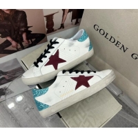 Buy Luxury Golden Goose GGDB Super-Star Sneakers in White Calfskin with Green Glitter Tab 328146