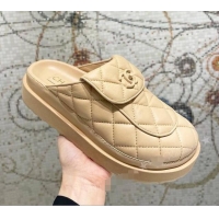 ​Top Grade Chanel Quilted Leather Platform Round Toe Slipper CH8750 Beige