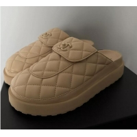 ​Top Grade Chanel Quilted Leather Platform Round Toe Slipper CH8750 Beige