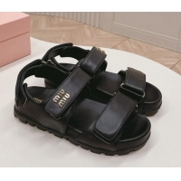 Pretty Style Miu Miu Nappa Leather Strap Flat Sandals Black 327058