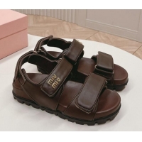 Shop Duplicate Miu Miu Nappa Leather Strap Flat Sandals Brown 327060