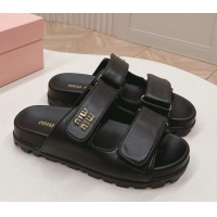 Sumptuous Miu Miu Nappa Leather Strap Flat Slide Sandals Black 327061