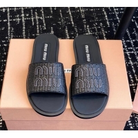 Best Grade Miu Miu Raffia-effect woven fabric slides sandals Black 032706