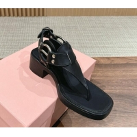 ​Top Design Miu Miu Leather Heel Thong Sandals with Buckle Black 327068