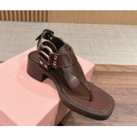 Good Looking Miu Miu Leather Heel Thong Sandals with Buckle Brown 327070