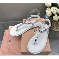 Classic Hot Miu Miu Nappa Leather Thong Flat Sandals with Crystals Strap White/Clear 327074