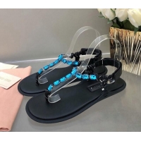 Good Quality Miu Miu Nappa Leather Thong Flat Sandals with Crystals Strap Black/Blue 327075