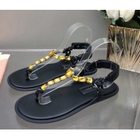 Pretty Style Miu Miu Nappa Leather Thong Flat Sandals with Crystals Strap Black/Yellow 327076