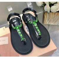 Top Grade Miu Miu Nappa Leather Thong Flat Sandals with Crystals Strap Black/Green 327077