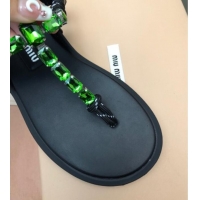 Top Grade Miu Miu Nappa Leather Thong Flat Sandals with Crystals Strap Black/Green 327077