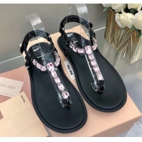 Good Product Miu Miu Nappa Leather Thong Flat Sandals with Crystals Strap Black/Pink 327078