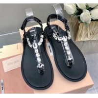 Purchase Miu Miu Nappa Leather Thong Flat Sandals with Crystals Strap Black/Clear 327079